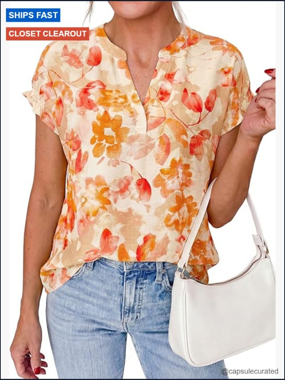 V Neck Floral Puff Sleeve Blouse Loose Fit Boho Casual Work Top